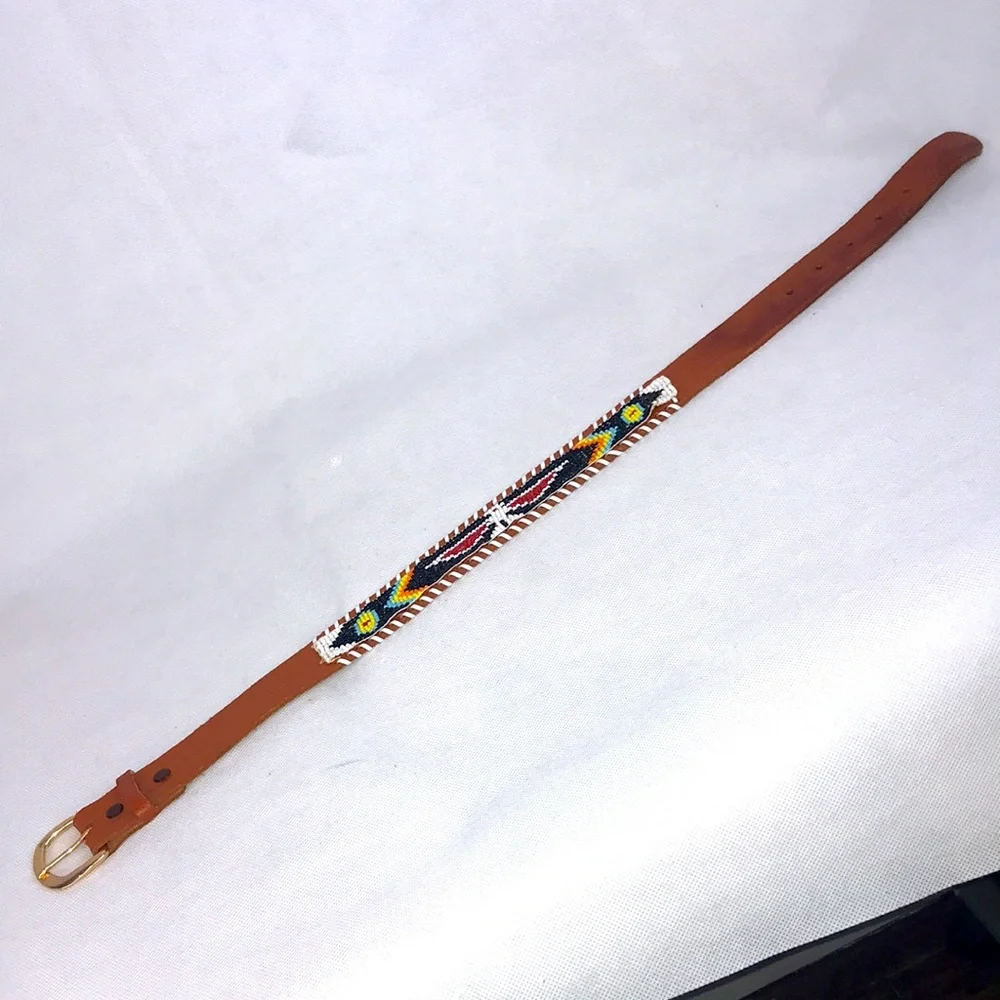 Native American Design Hand Beaded Leather Belt